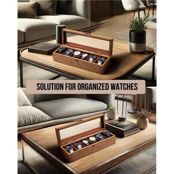 Wood Watch Box Display Case 6 Slot Glass Lid Storage Organizer for Men Women - Picture 3 of 7